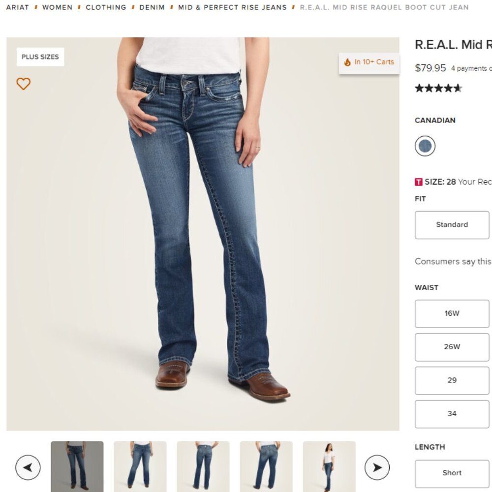 Ariat R.E.A.L. Mid Rise Raquel Boot Cut Jean, Size 28" X 35" (Long)